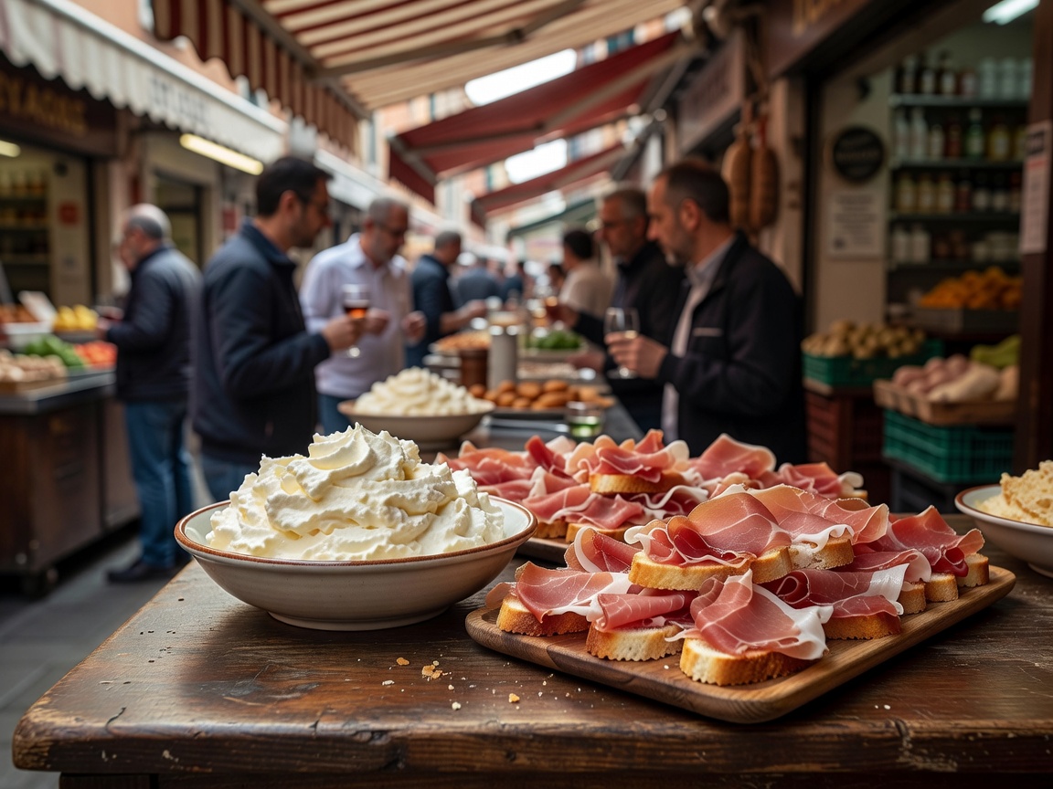 Authentic Italian Cicchetti canapes with whipped baccalà and prosciutto at Venetian market bàcari