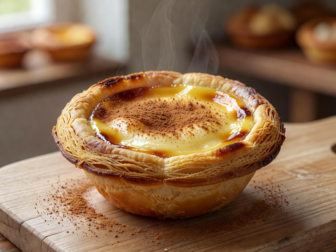Crisp flaky warm Portuguese pastel de nata custard tart sprinkled with cinnamon