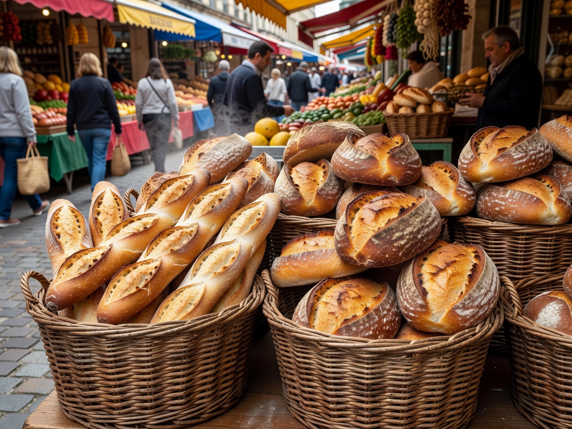 Fresh artisan baguettes and French sourdough bread loaves arranged in wicker baskets at Marché des Capucins in Bordeaux