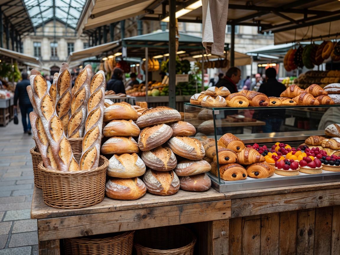 Fresh artisan bread, baguettes and pastries on display at Marché des Capucins in Bordeaux