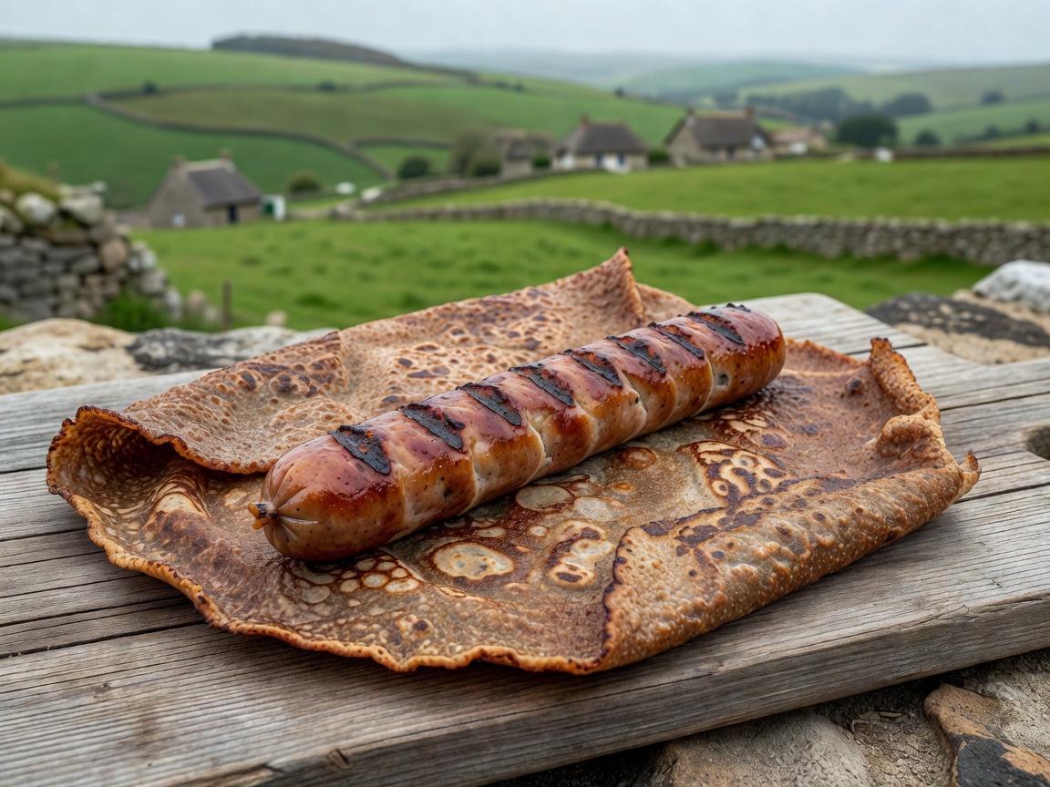 Fresh Galette de Saucisse buckwheat crepe wrapped around grilled artisan pork sausage in Brittany France