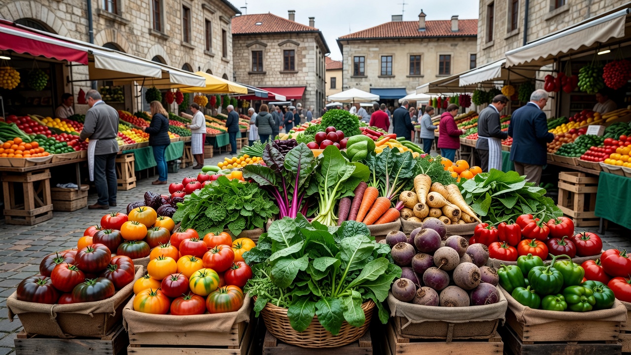 Fresh heirloom produce and vibrant vegetable stalls at an open-air European market square