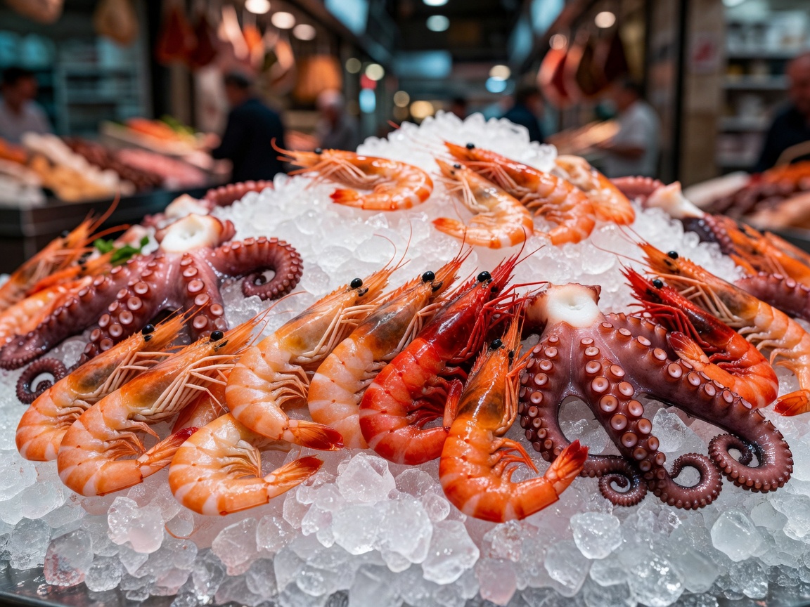 Fresh Mediterranean prawns, gambas rojas, and octopus over ice at Mercat de la Boqueria