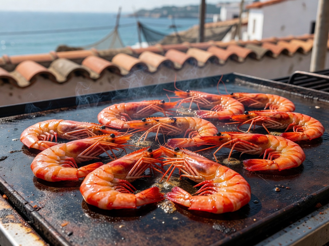 Fresh red wild carabinero prawns sizzling on flat iron plancha grill in Spain