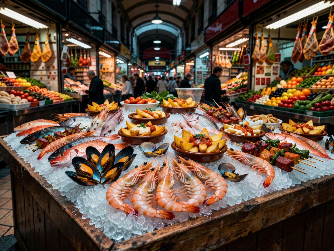 Fresh seafood, prawns, and Spanish tapas arranged over ice at Mercat de la Boqueria in Barcelona