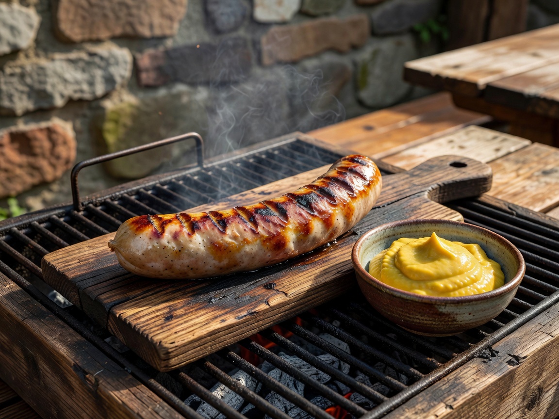 Traditional German bratwurst grilled over beechwood charcoal served with sweet Bavarian mustard