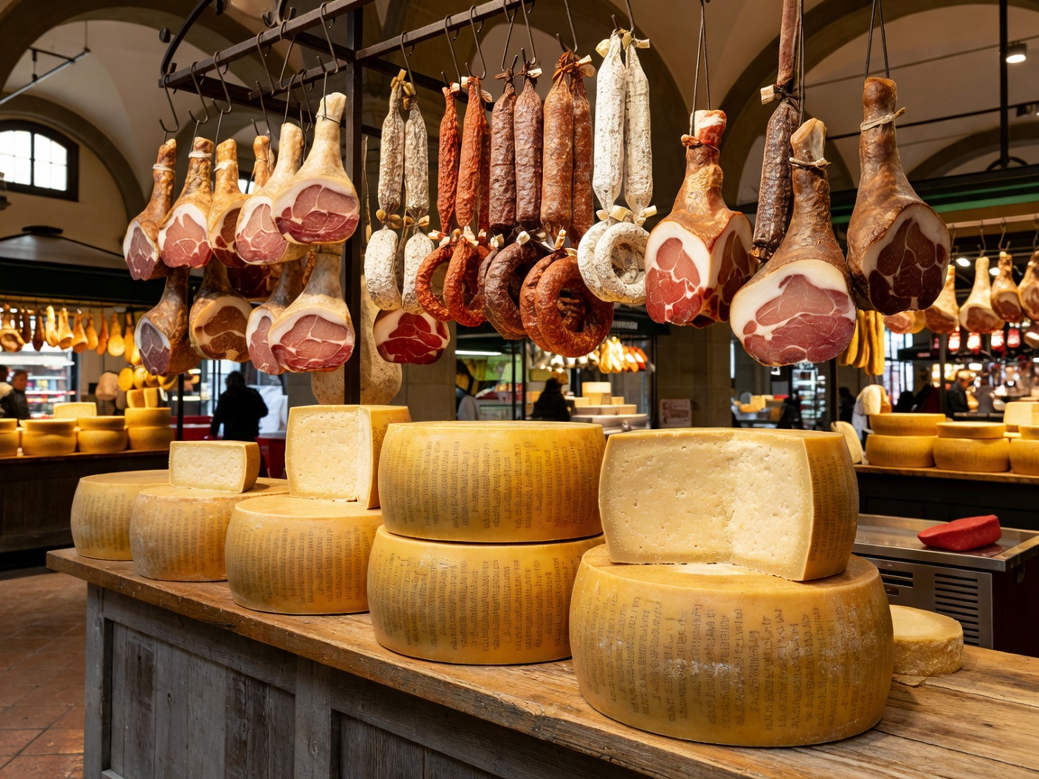Traditional Italian cured meats and aged parmesan cheese rounds inside Mercato Centrale Florence