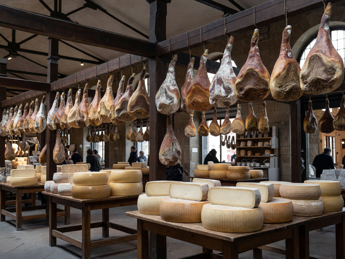 Traditional Tuscan cured prosciutto hams and pecorino cheeses inside Mercato Centrale Florence