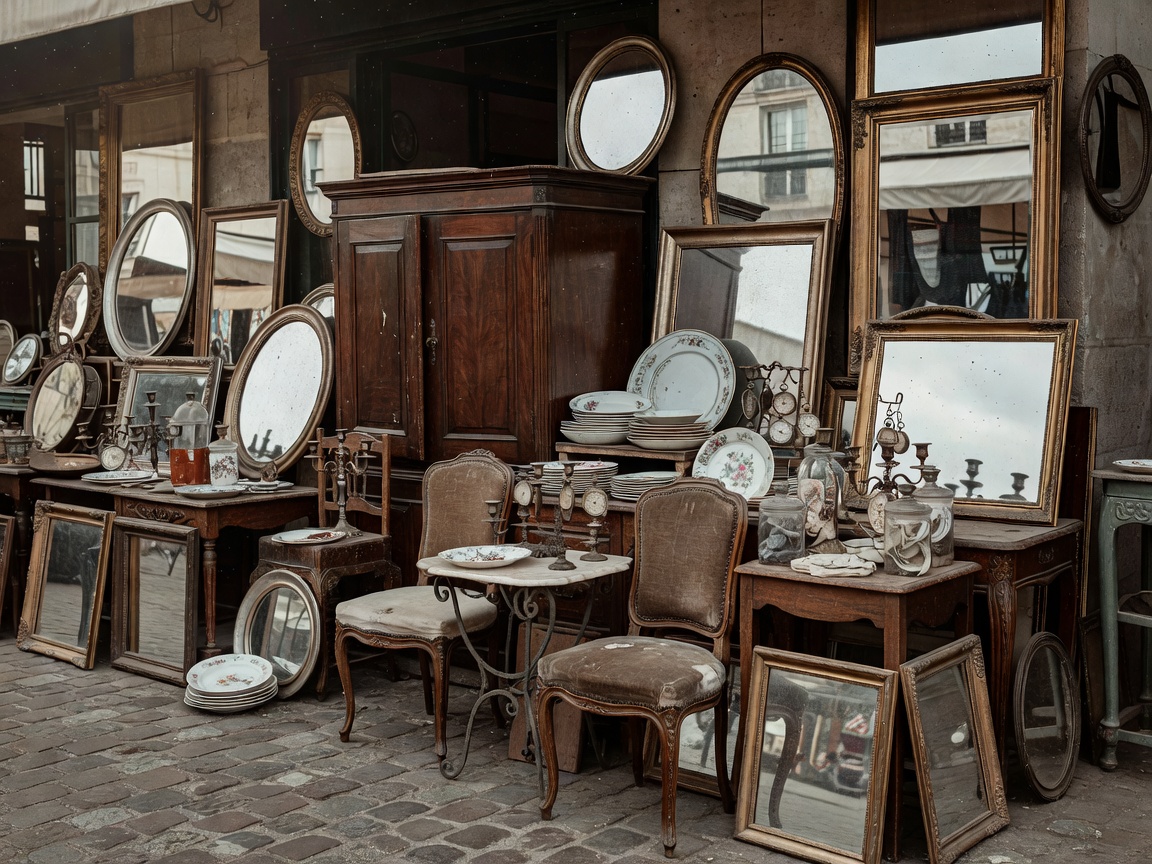 Vintage mirrors, antique furniture, and collectibles at Marché aux Puces de Saint-Ouen Paris
